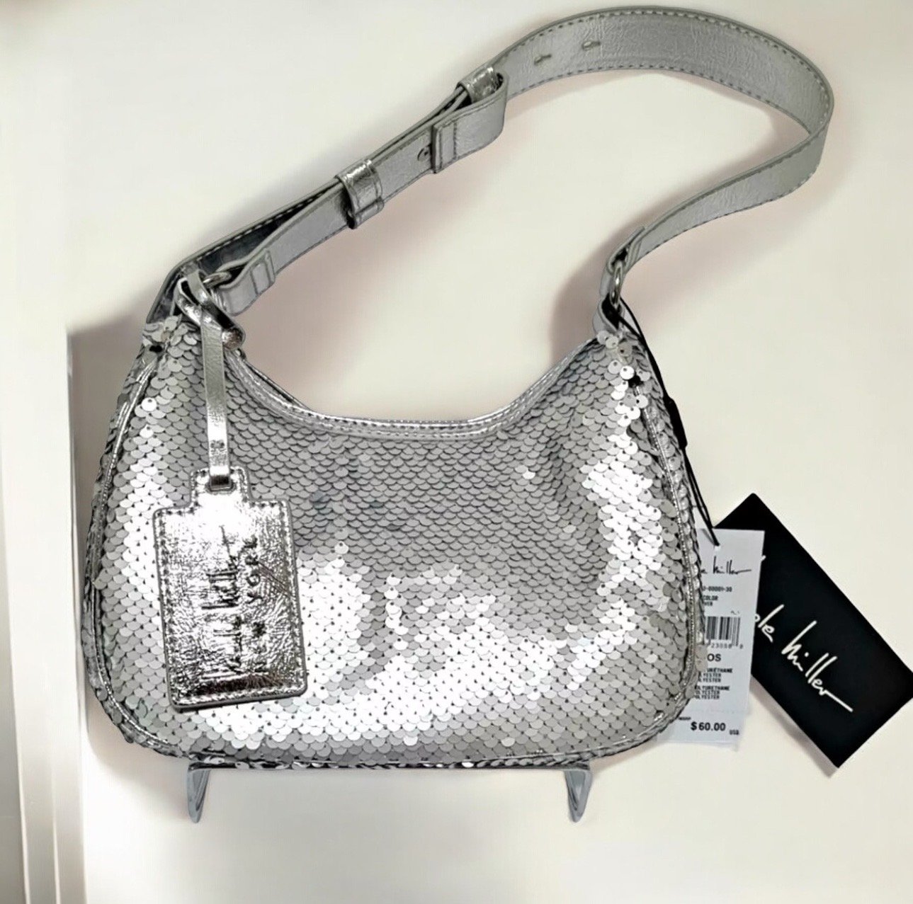 Nicole Miller Silver Sequin Adjustable strap Shoulder Bag