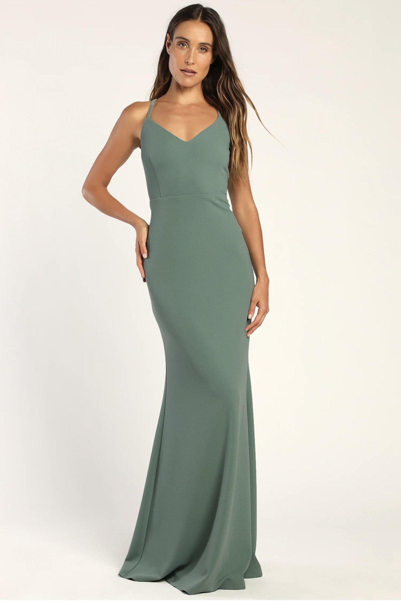 NWOT Lulus Moments Of Bliss Dusty Seafoam Backless Mermaid Maxi Dress XS