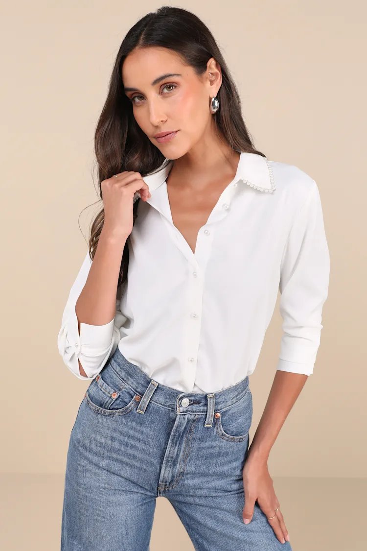NWOT Lulus Upscale Composure White Long Sleeve Pearl Trim Button-Up Top S