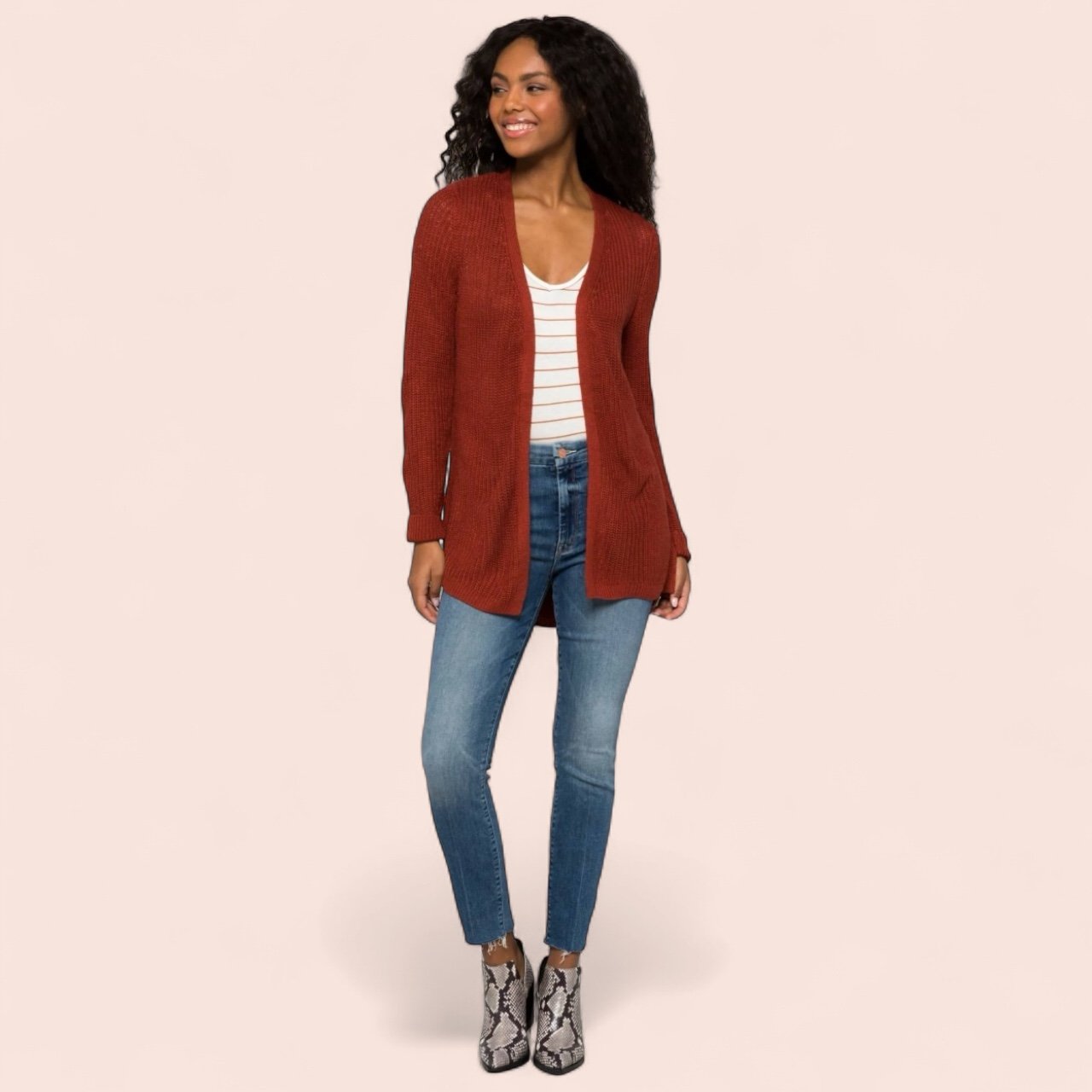 Pinque Stitch Fix Cardigan Sweater Women Artisan Rust Knit Open Front M