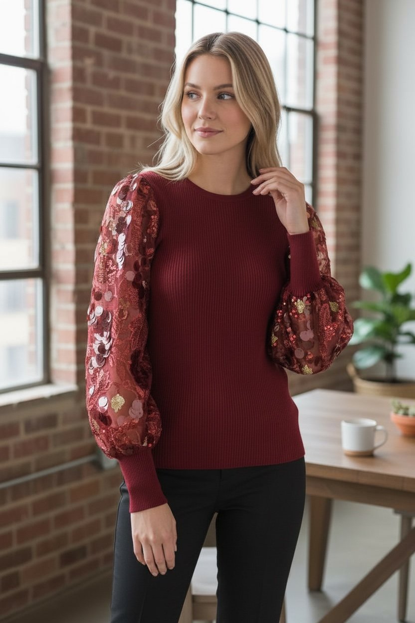 Sioni Milano Burgundy Illusion Sheer Floral Embellished Sleeve Sweater Small