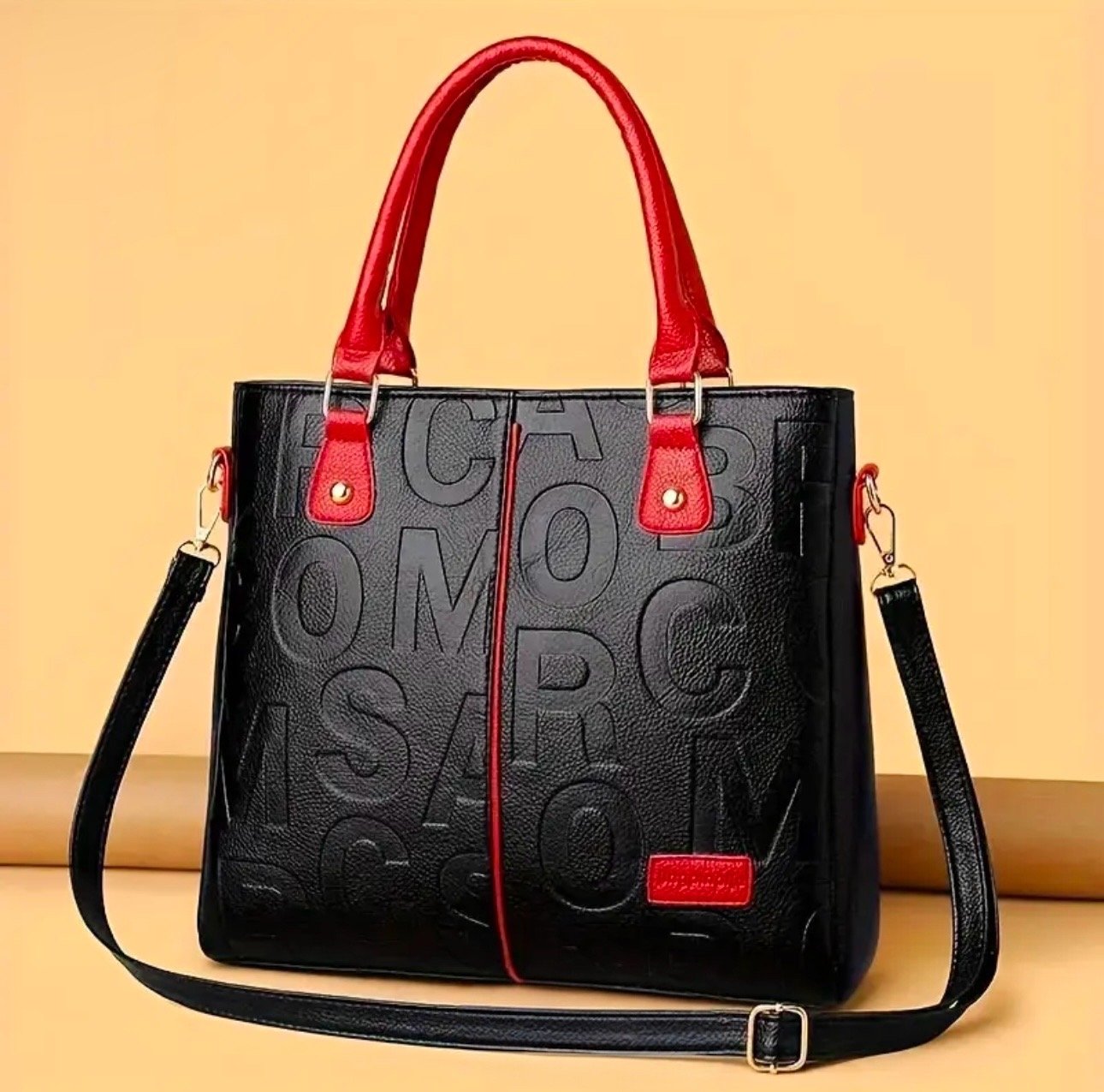 Solid Color Top-Handle Satchel Bag with Letter Embossing Bk/Red