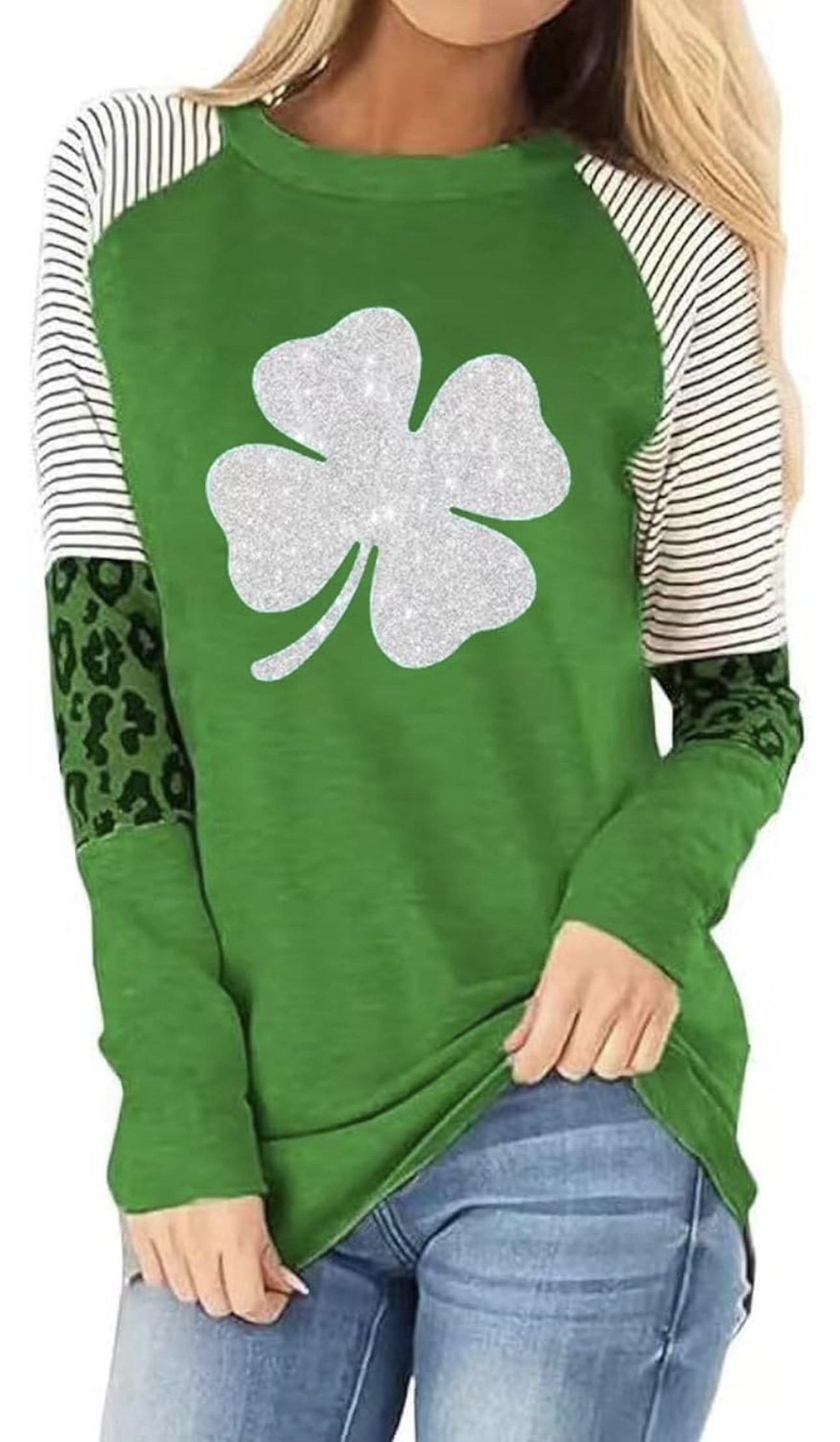 Women’s St Patrick’s Day T-Shirt Long Sleeve Glitter Lucky Irish Shamrock L