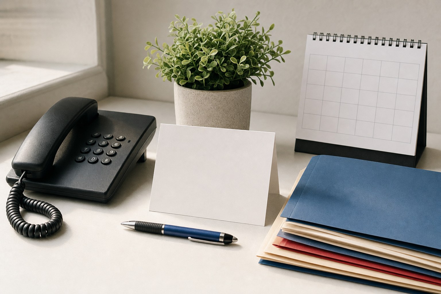 A telephone, calendar, folders, and blank card arranged for practical community action