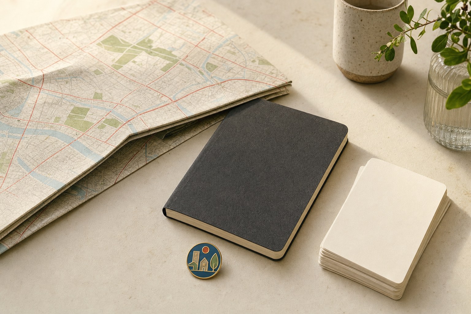 A city map, notebook, community pin, and blank cards on a table