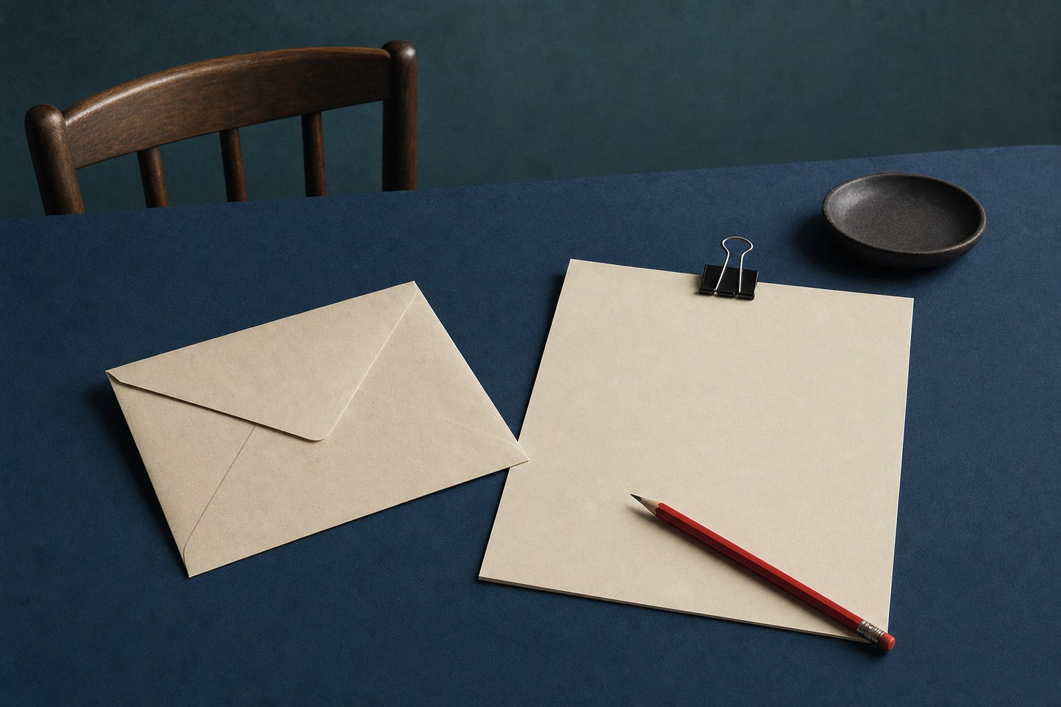 A blank envelope, paper, red pencil, and chair arranged on a blue table