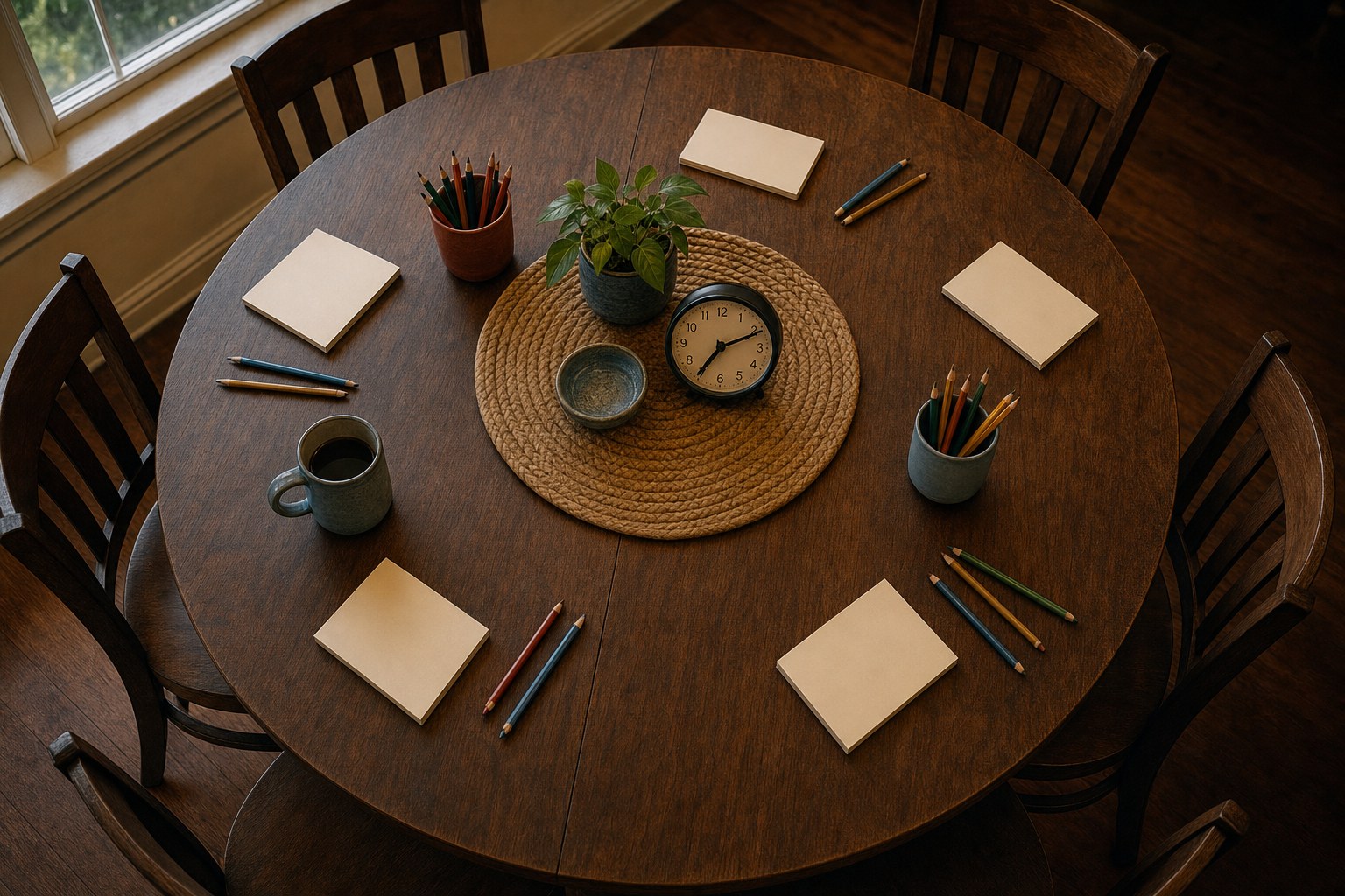 An empty round table set with notebooks and pencils for a community conversation
