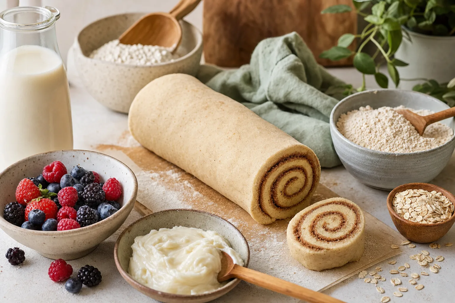 Bakery prep ingredients for vegan and gluten-free friendly cinnamon roll requests