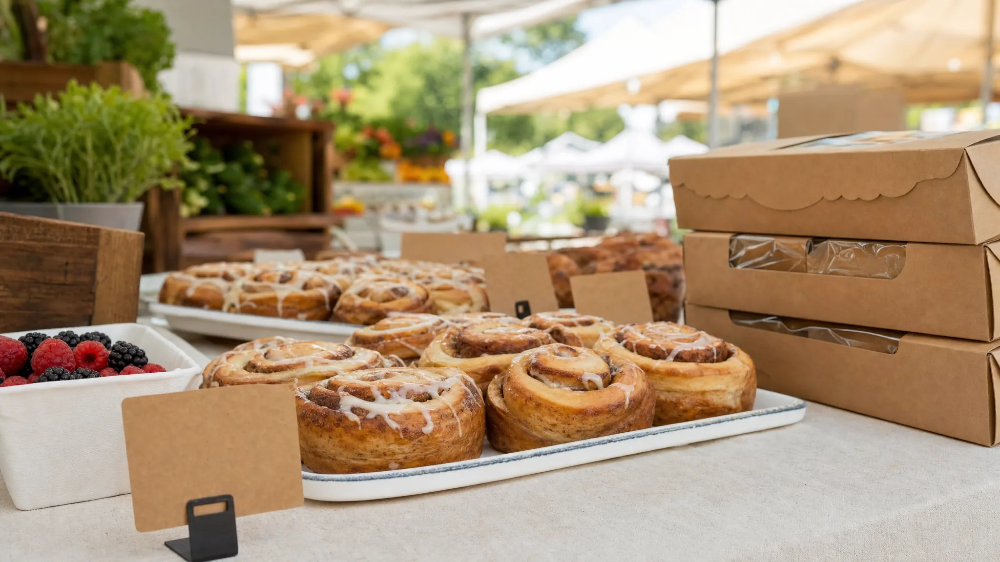 Cinnamon rolls arranged on a farmers market bakery table