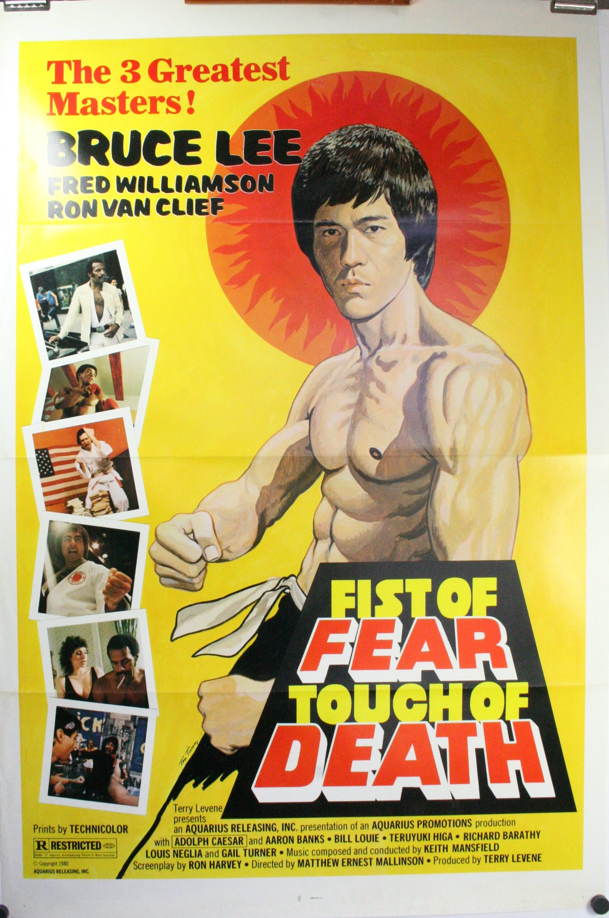 A vintage movie poster for 'Fist of Fear Touch of Death' featuring Bruce Lee. The poster is yellow with an illustration of Bruce Lee muscle-shirtless, with a red and orange halo behind his head. Several smaller photographs of Bruce Lee and other actors are on the left side. The poster includes bold text at the top referencing the three greatest masters and highlights Bruce Lee's name prominently.