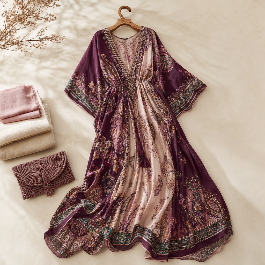 Patterned plum caftan with folded linen and a woven clutch