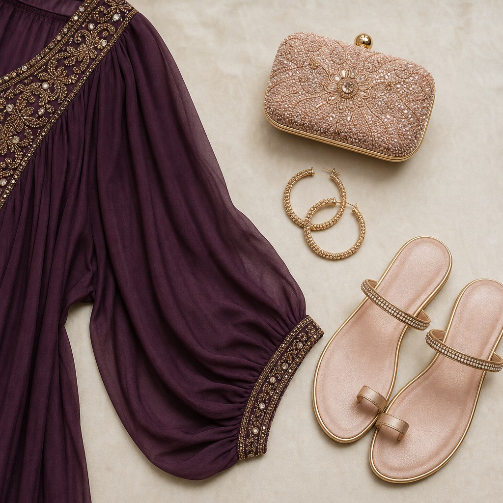 Plum caftan sleeve with a beaded clutch, earrings, and sandals