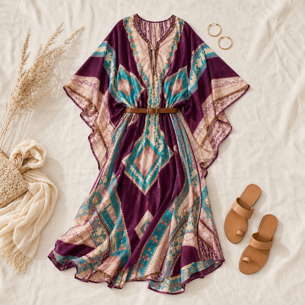 Printed caftan dress styled with a belt, sandals, and gold hoop earrings