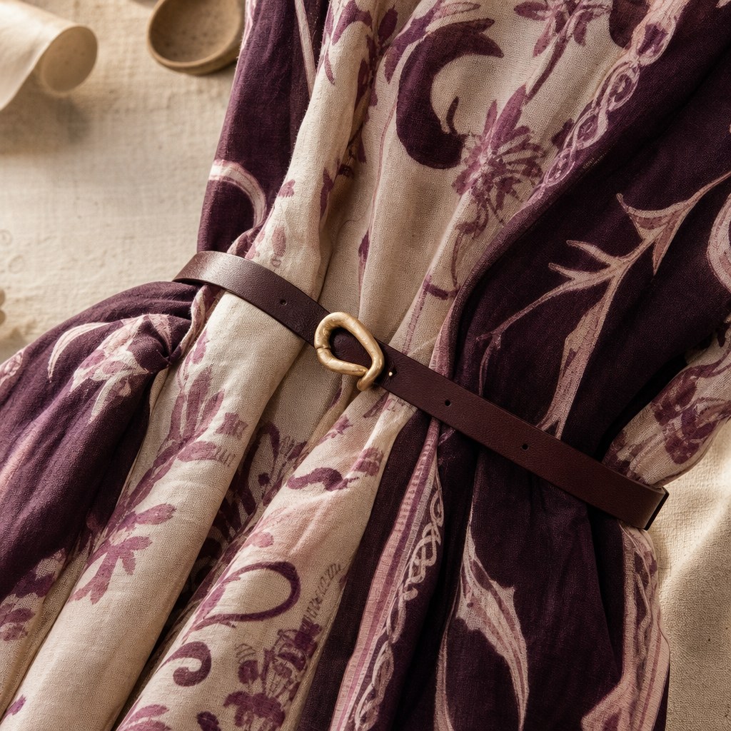 Printed caftan fabric softly gathered with a leather belt