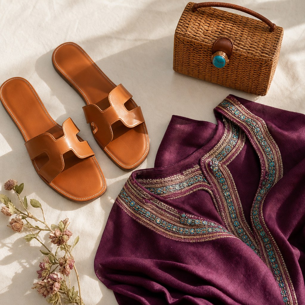 Leather sandals, woven bag, and a jewel-toned caftan hem