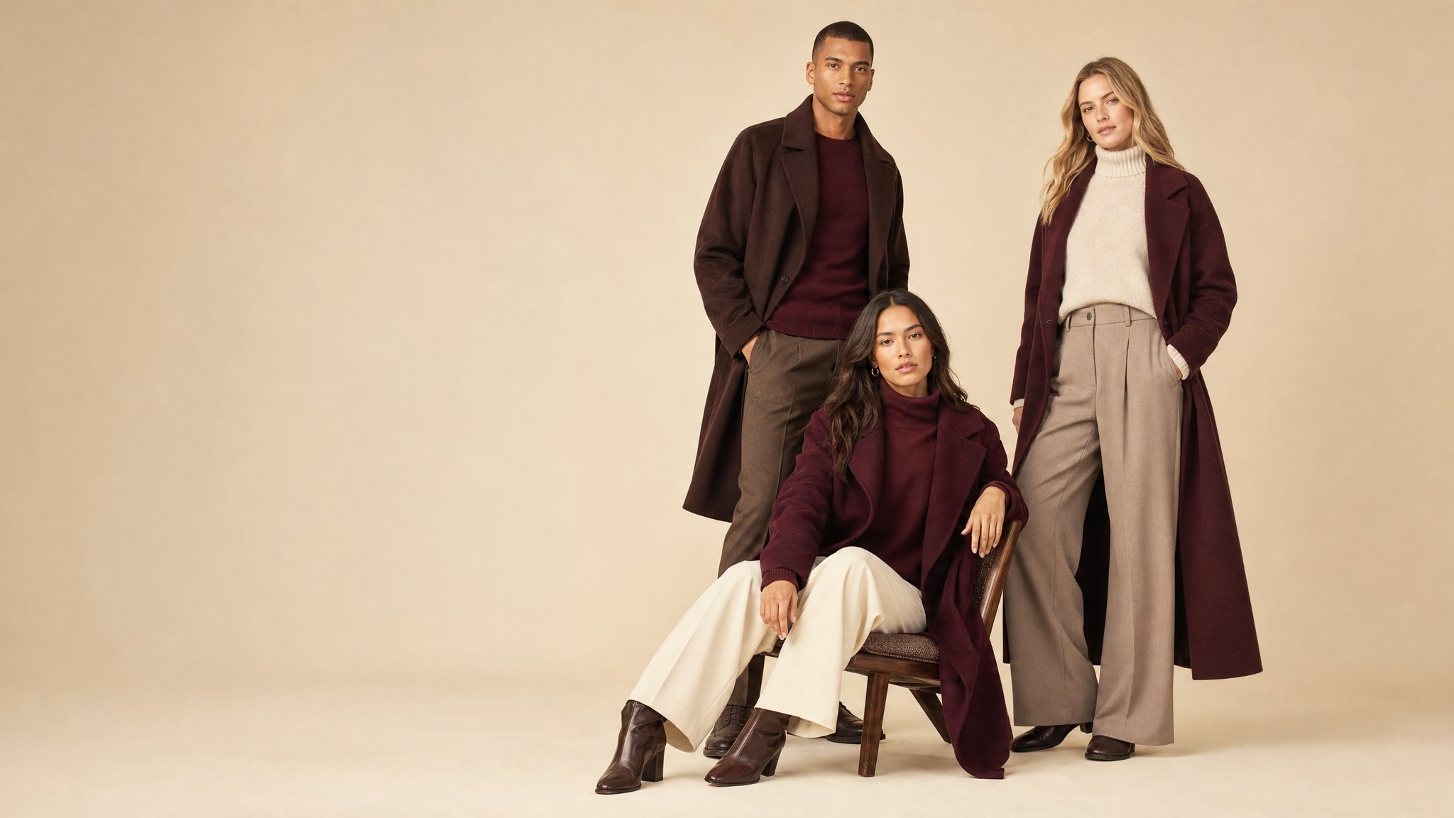 Three models wearing layered burgundy, cream, and brown outfits