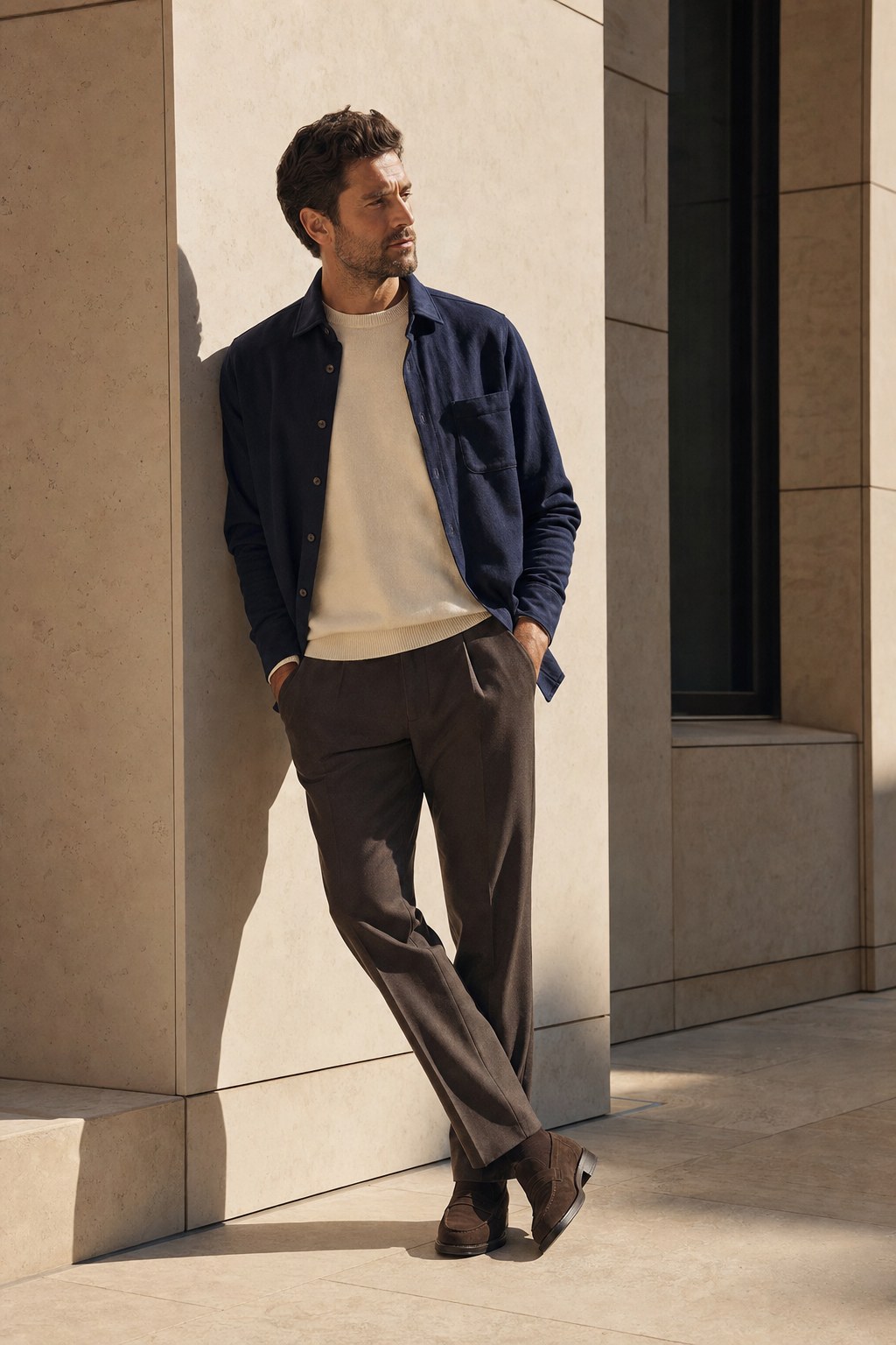 Man in a navy overshirt and neutral knit