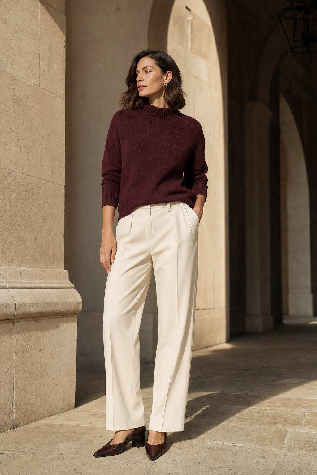 Woman in a burgundy knit and cream trousers