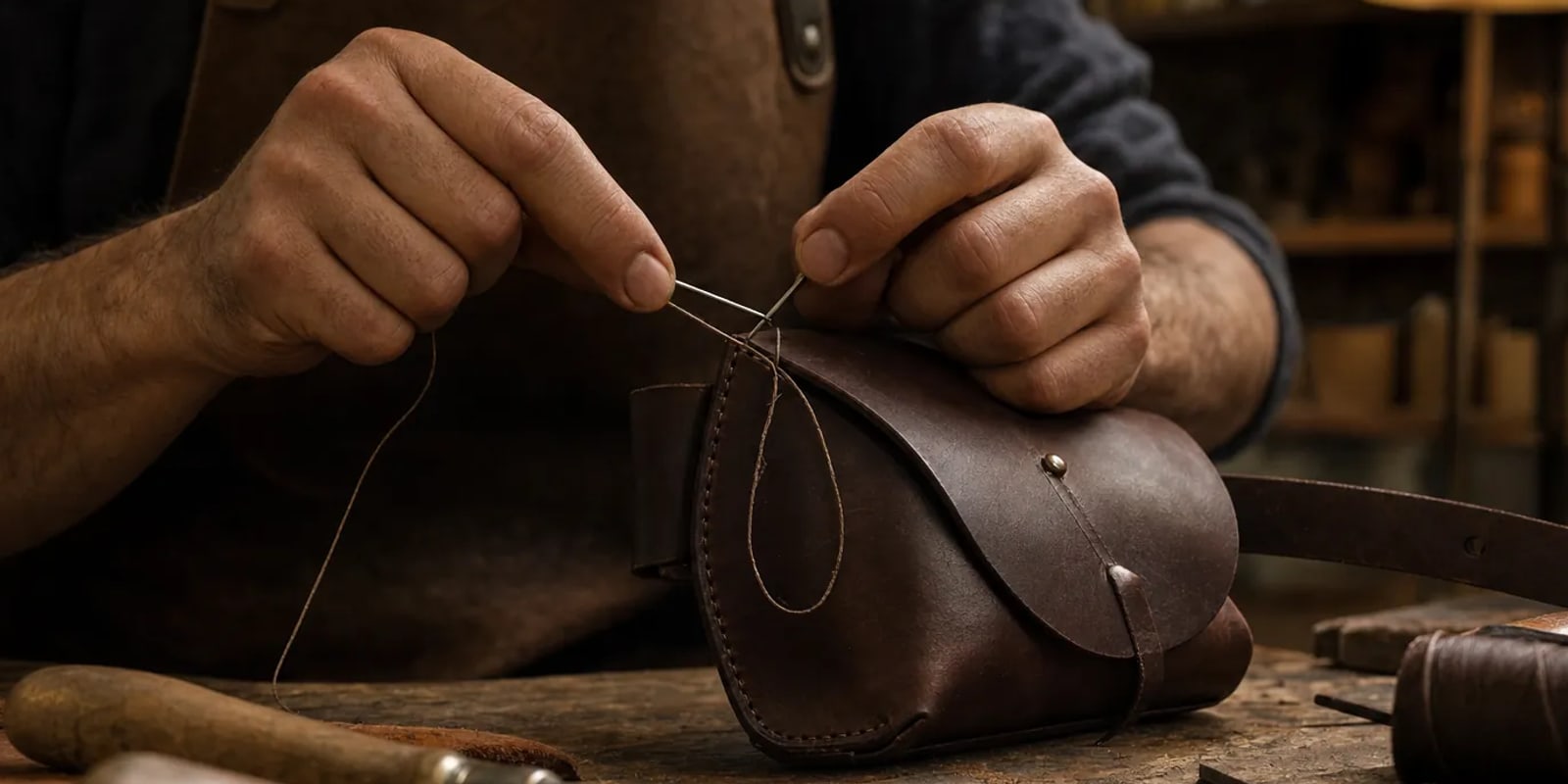 Leatherworker hand stitching a dark brown leather belt pouch at a workbench