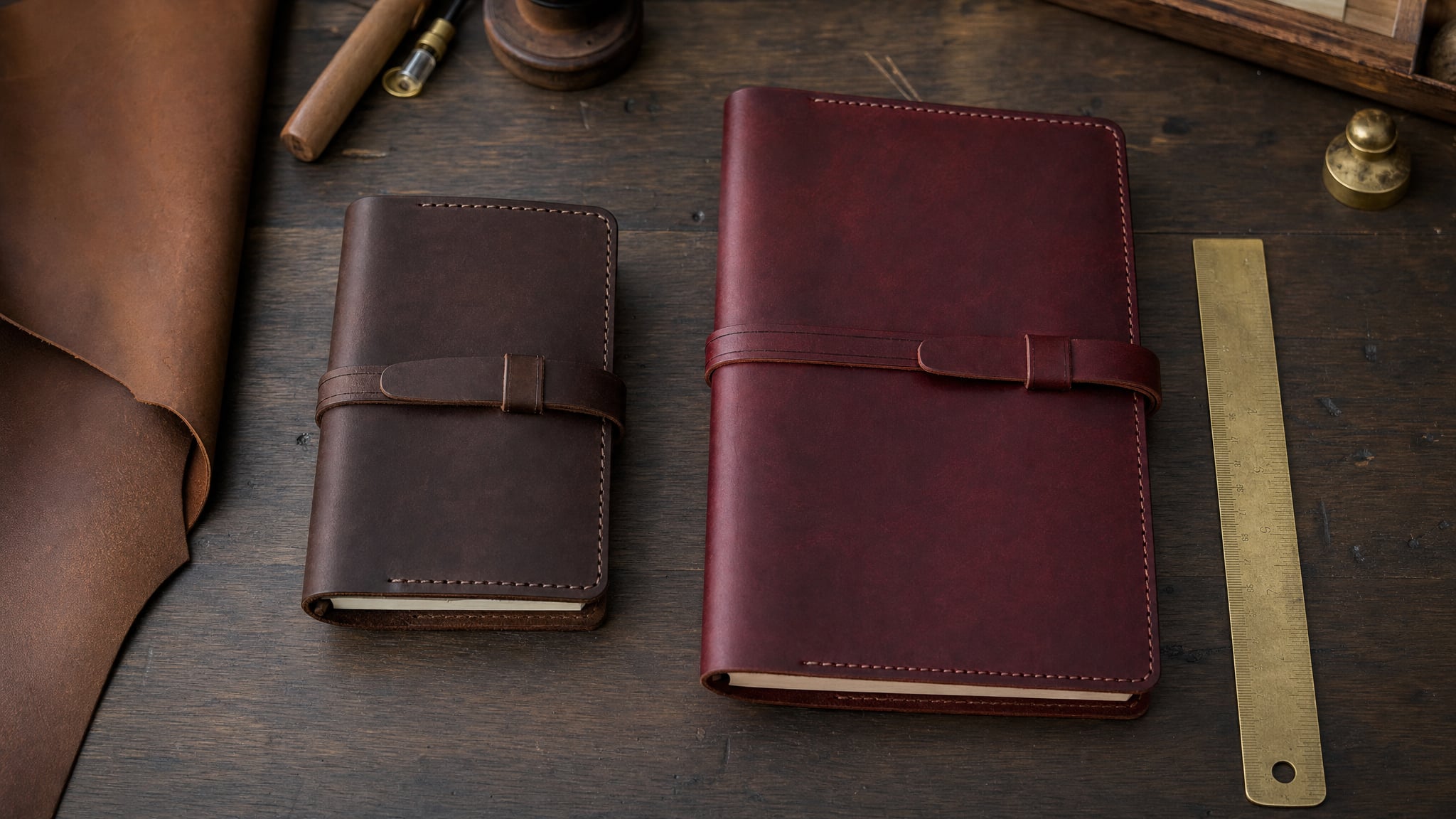 An A6 and a larger A5 leather notebook cover side by side on a workbench