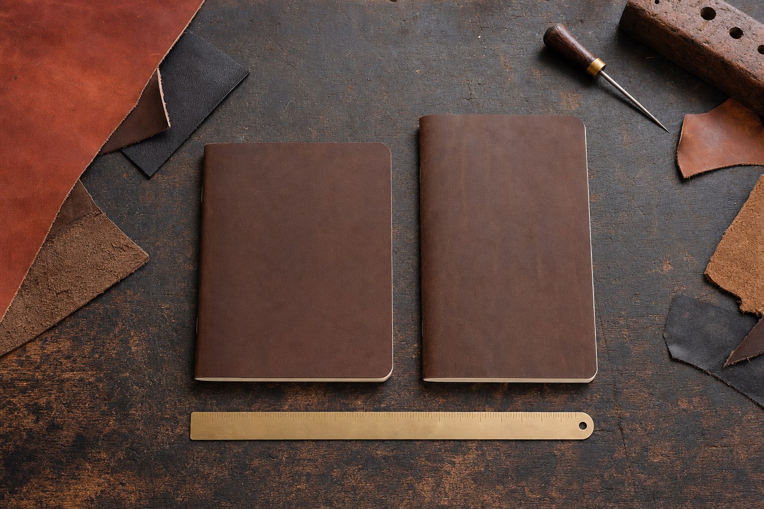 Two unbranded leather notebooks, an A5 and a Half Letter size, side by side on a leatherworking bench