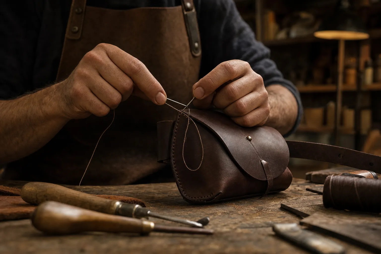 Leatherworker hand-stitching a dark brown belt pouch