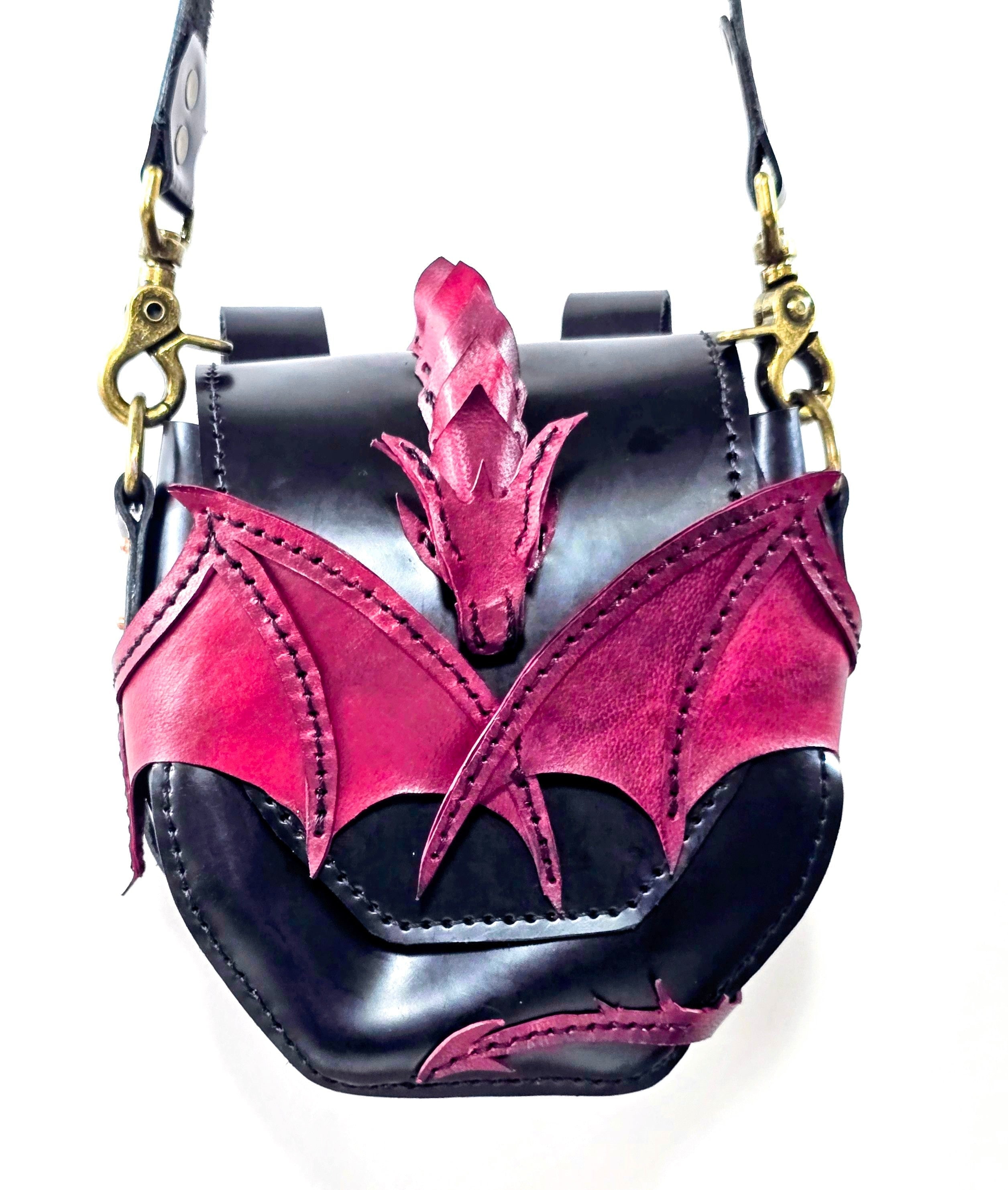 Dragon Hunter Belt Pouch in black and burgundy leather with layered dragon wings
