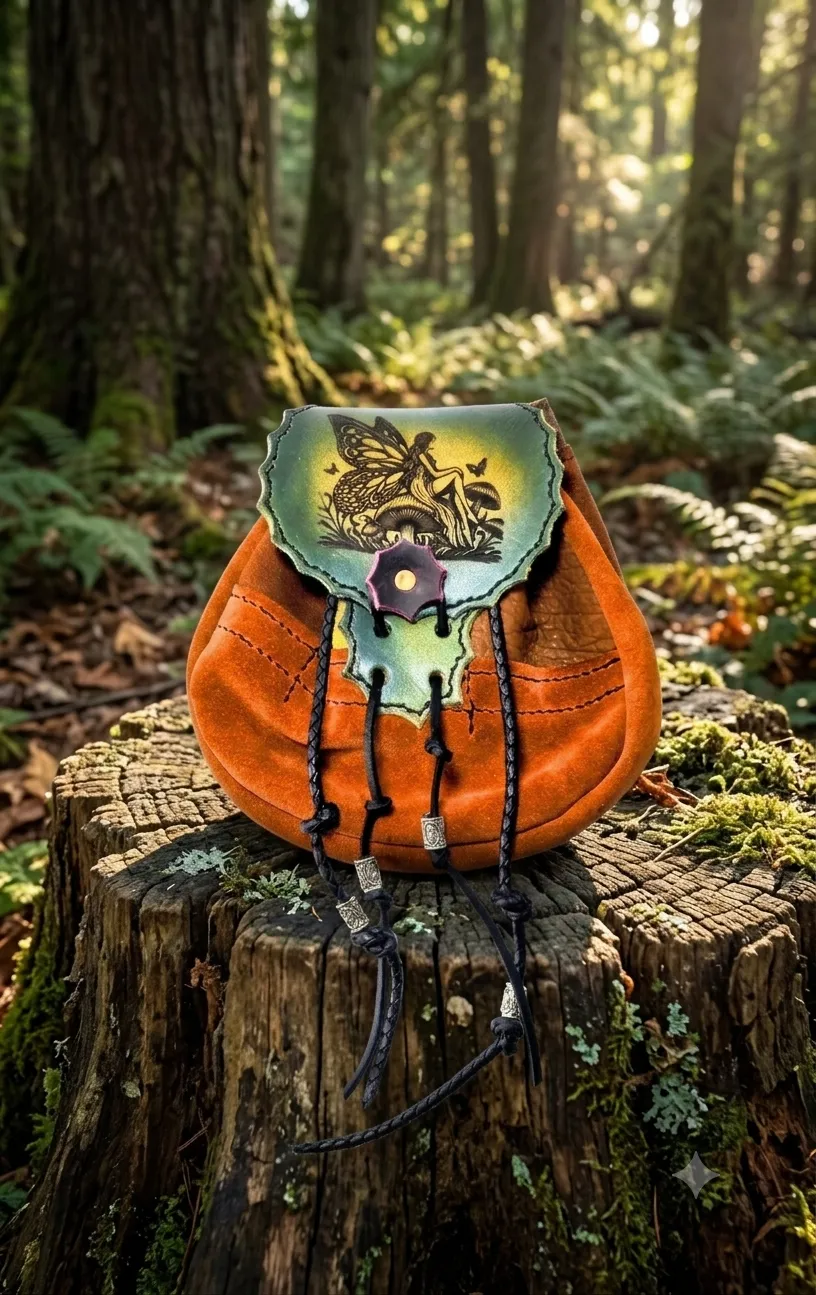 The Fae-Stitch Satchel displayed in a forest setting