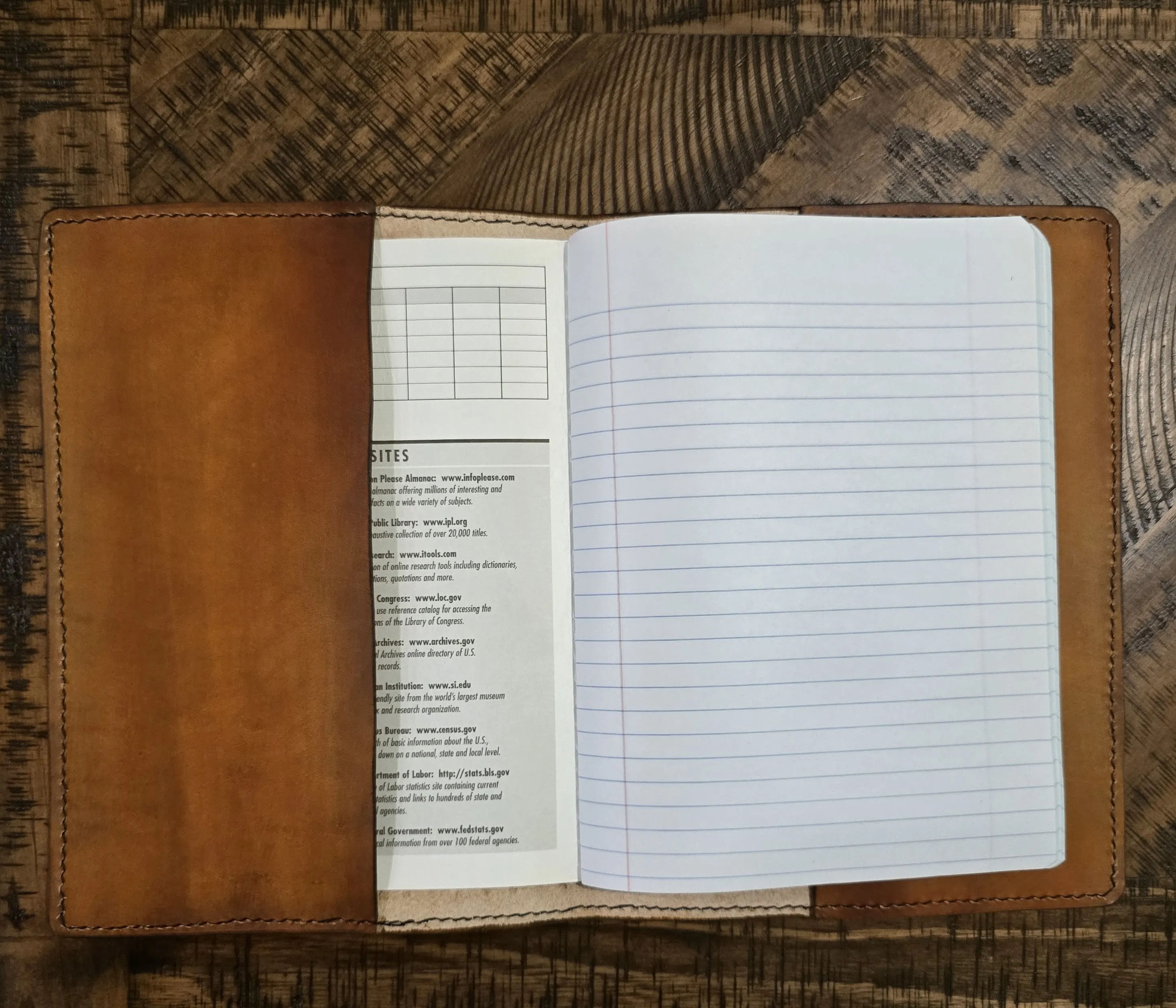 Open Celtic Stag leather journal cover with a composition notebook secured inside