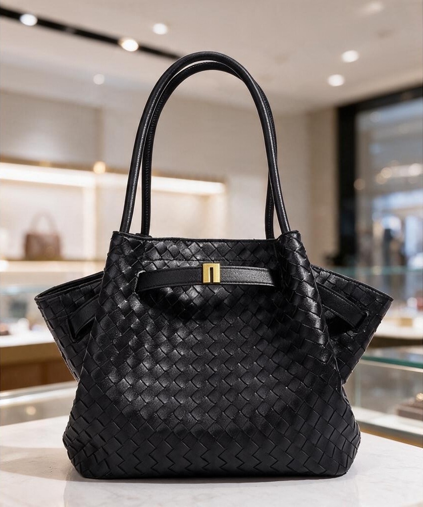 Black woven handbag with gold hardware displayed in a boutique