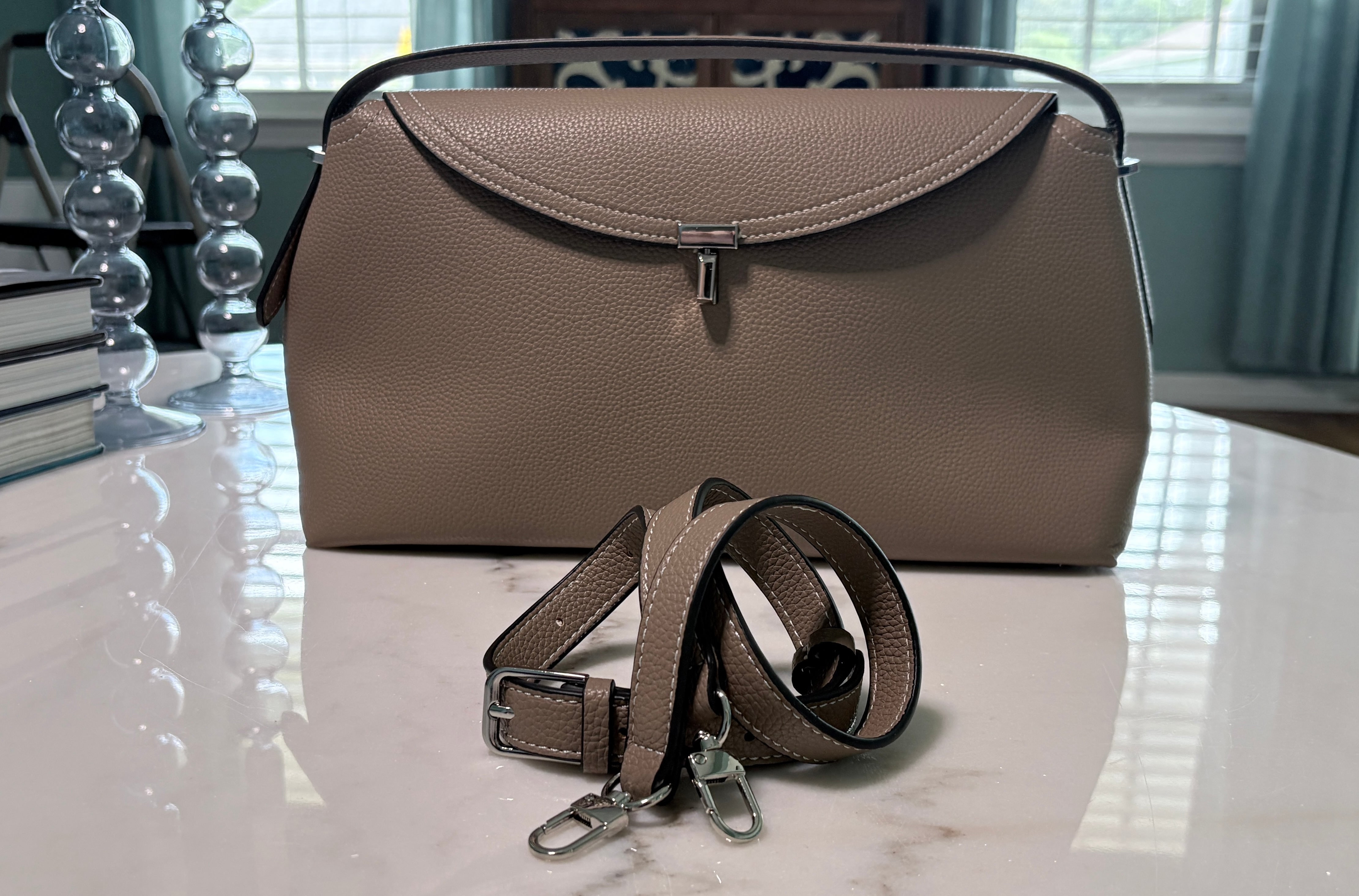 Taupe leather satchel with silvertone hardware from the Handbag Hannah edit