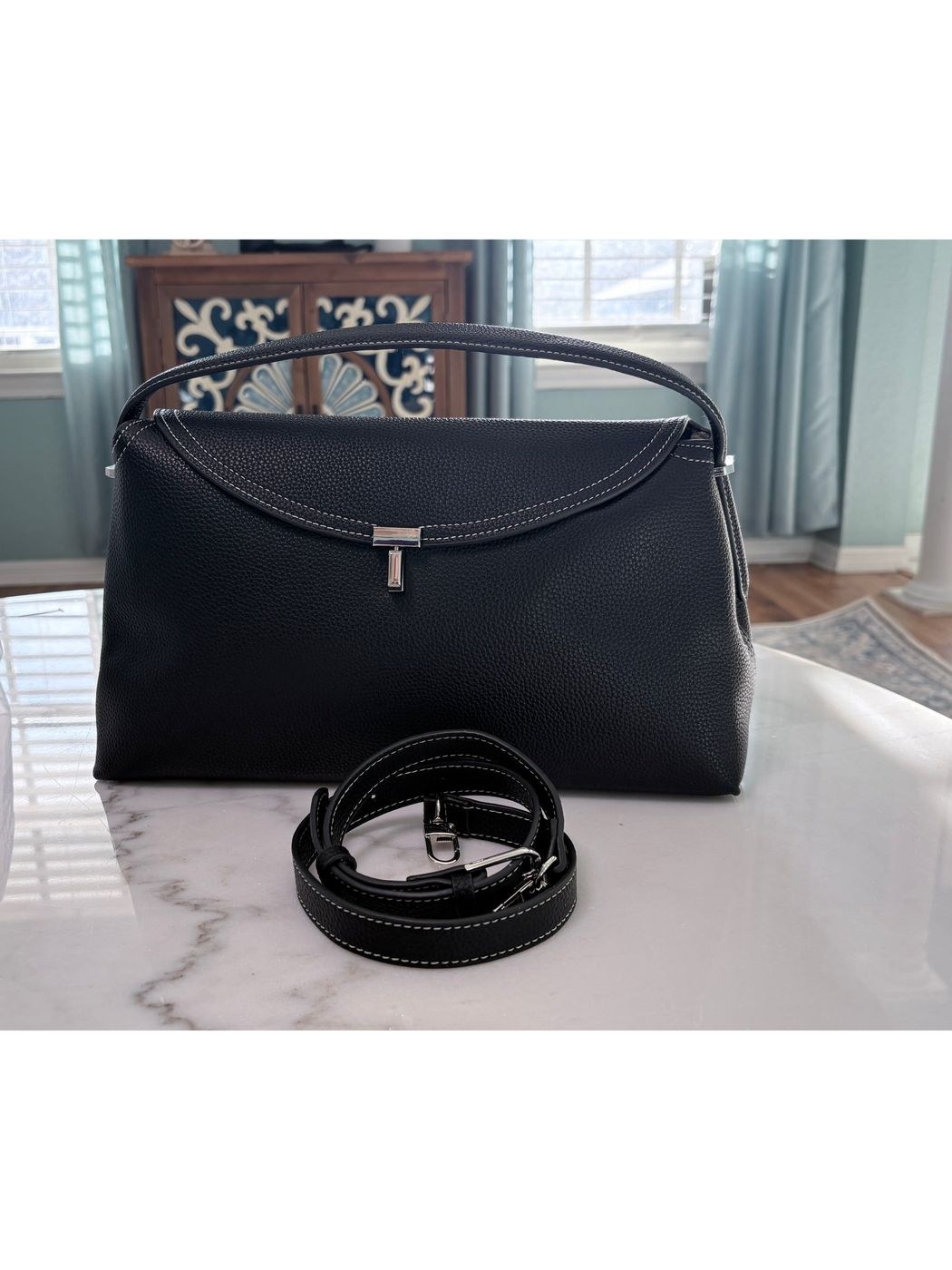 Premium Leather Satchel -Black with Silvertone Hardware
