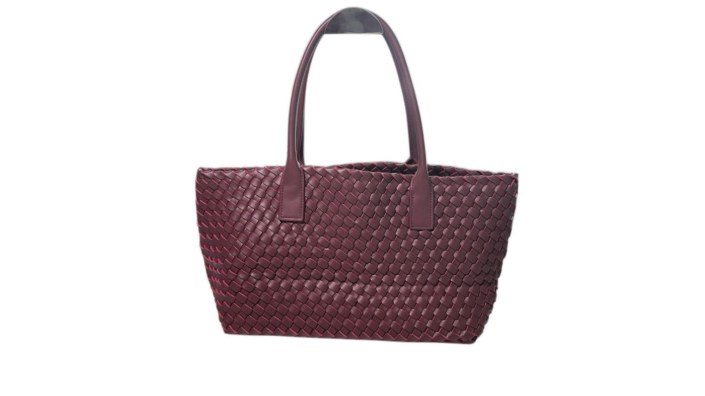 Genuine Leather Woven Tote Bag Wine Burgundy with Tethered Pouch