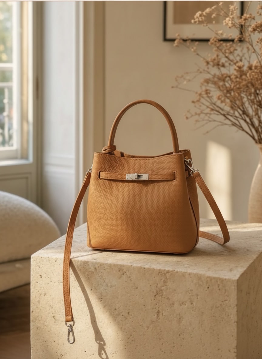 Tan leather top-handle handbag in a softly lit interior