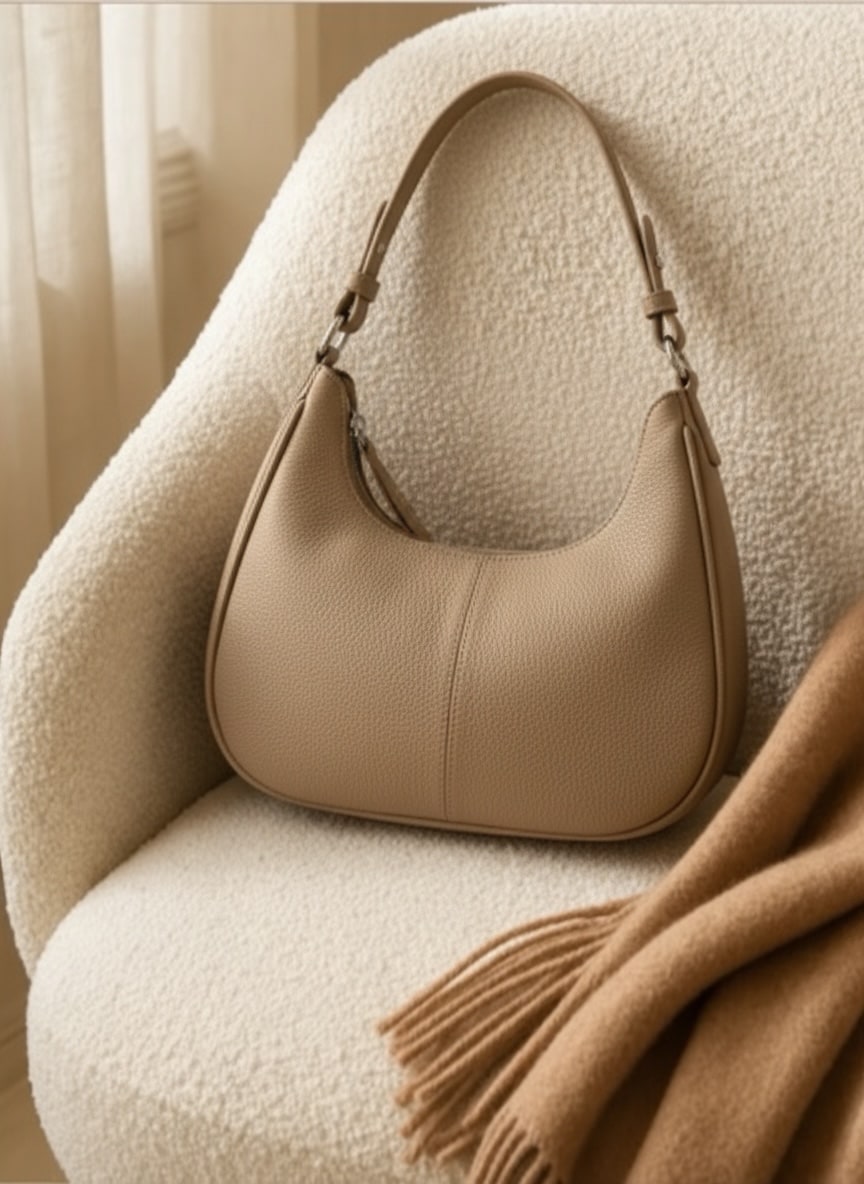 Taupe leather shoulder bag styled on a cream chair
