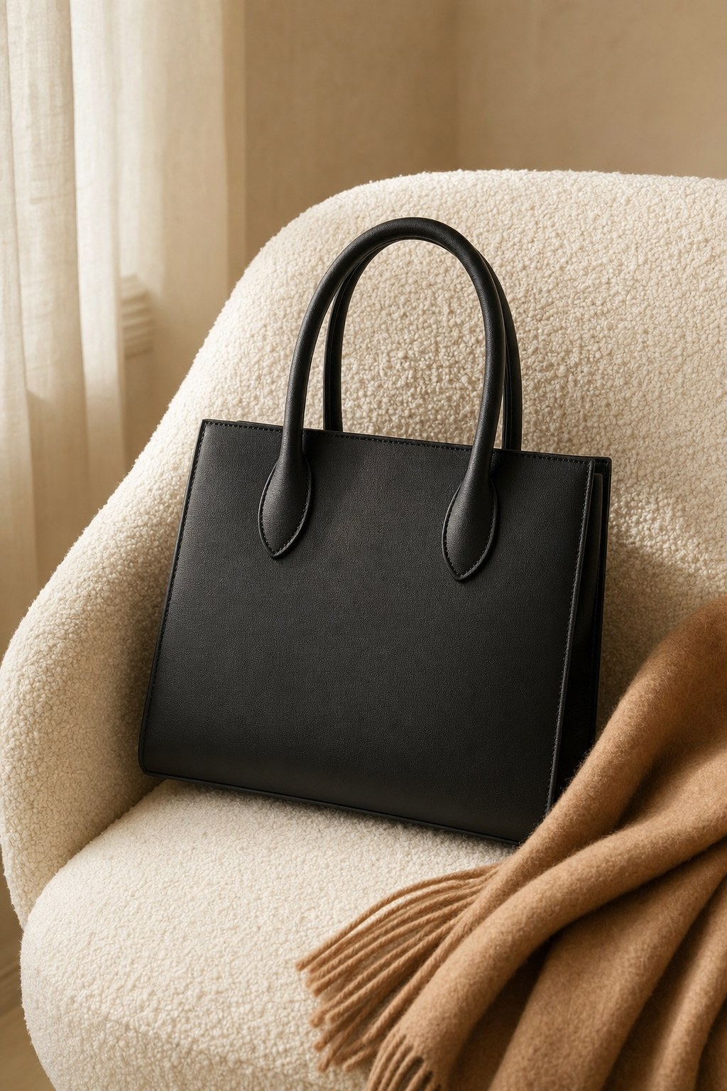 Black leather handbag with a sculptural silhouette