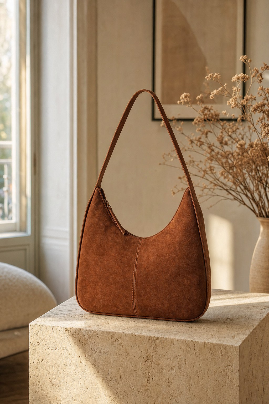 Cognac leather handbag with a softly structured shape