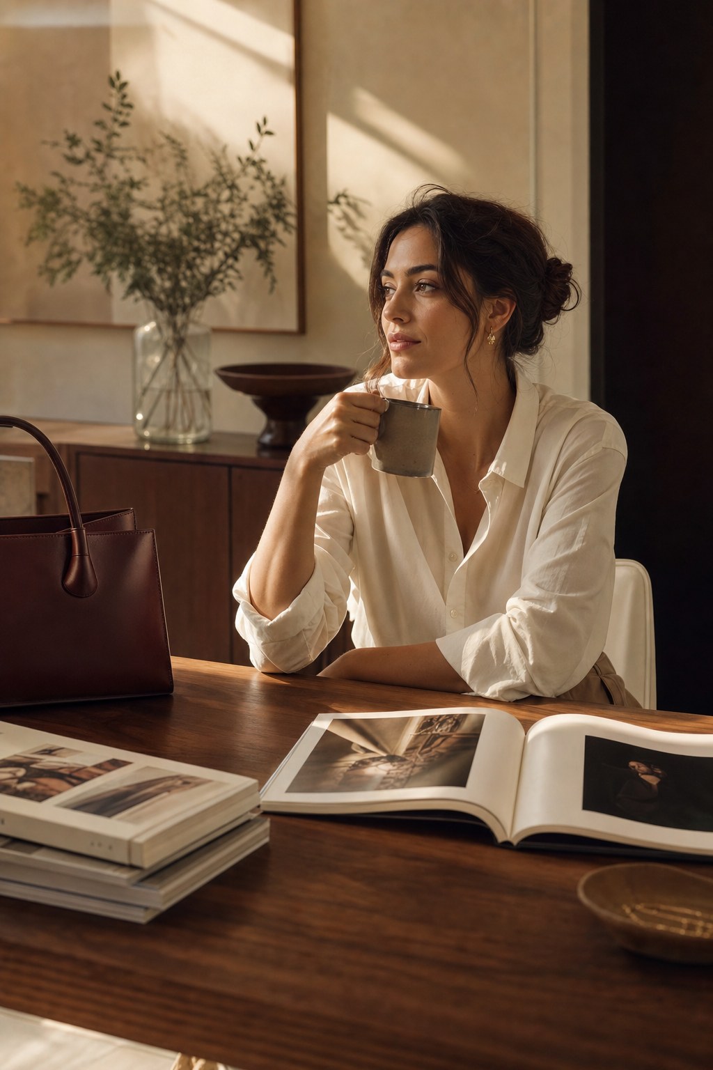 Editorial portrait in a warm fashion workspace
