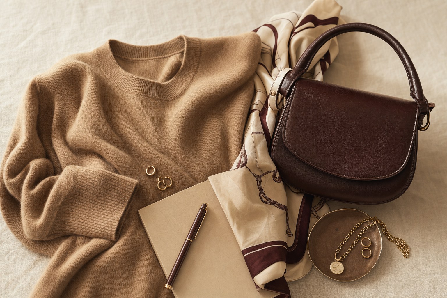 Camel knit, leather handbag and silk scarf in a warm editorial flat lay