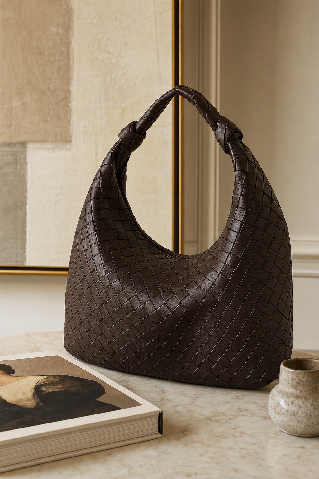 Textured leather handbag in a warm editorial setting