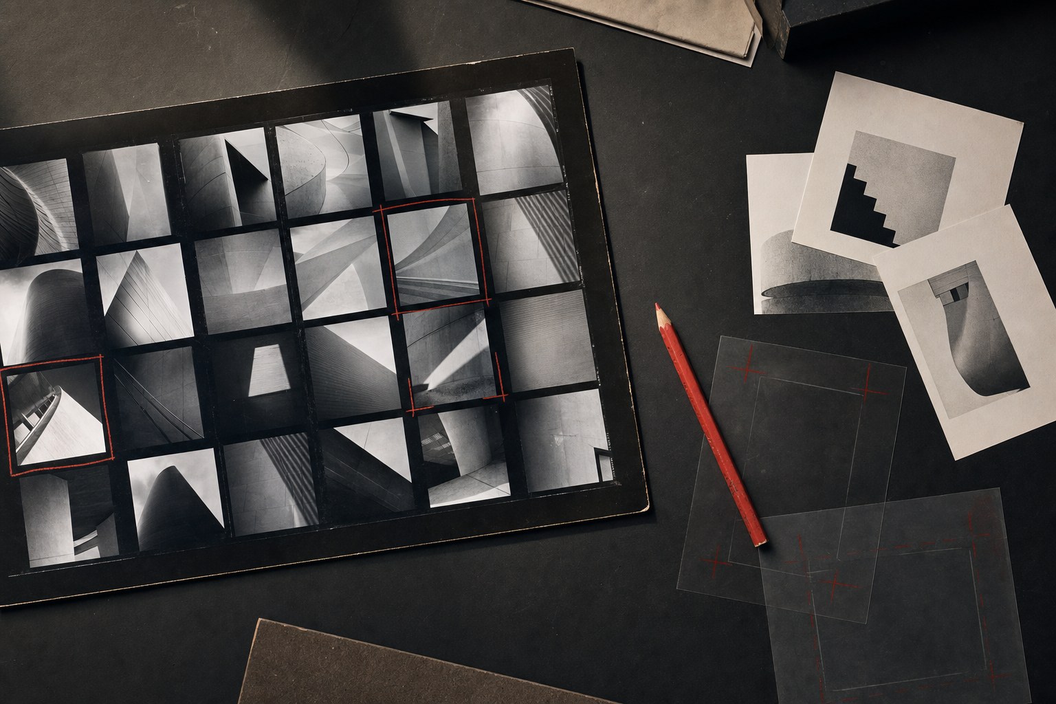 A contact sheet of architectural photographs beside crop marks and a red pencil on a studio table.