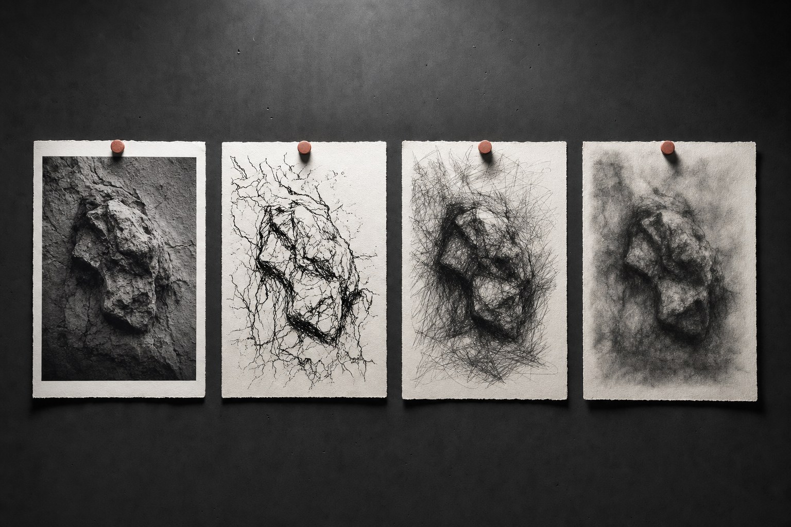 Four artistic interpretations of the same rock photograph, from original print to drawn and smoky treatments.