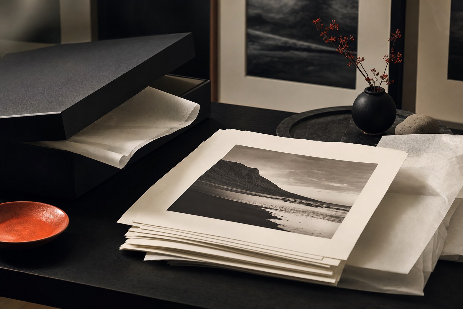 Fine-art photographic prints and archival paper on a collector's desk.