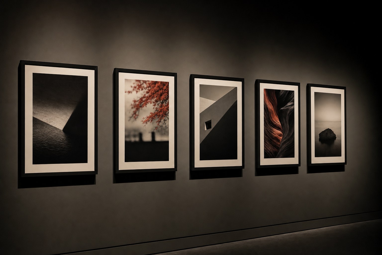 Five framed photographic artworks displayed on a dark gallery wall.