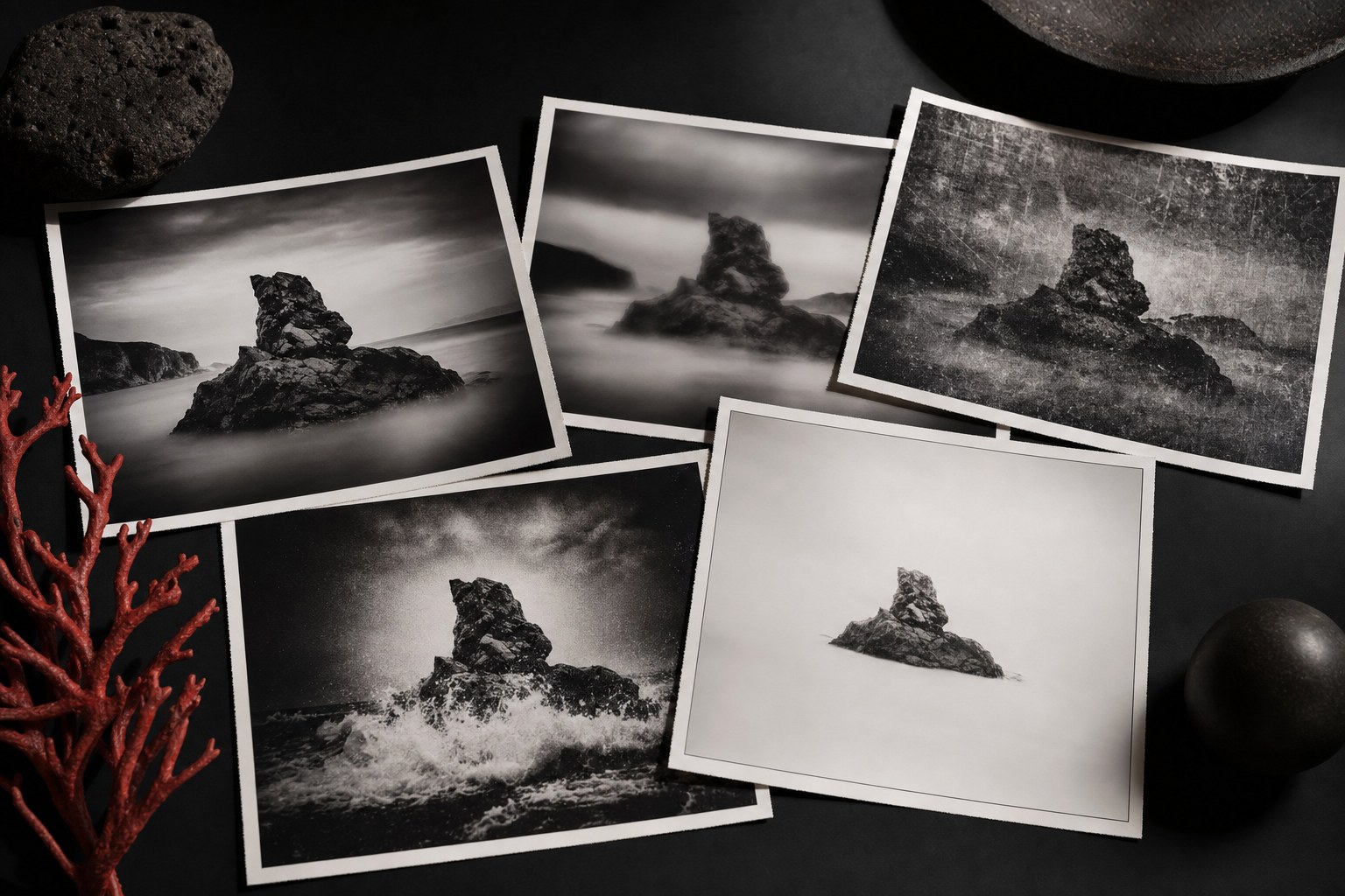 Five photographic interpretations of a coastal rock arranged as prints on a dark table.