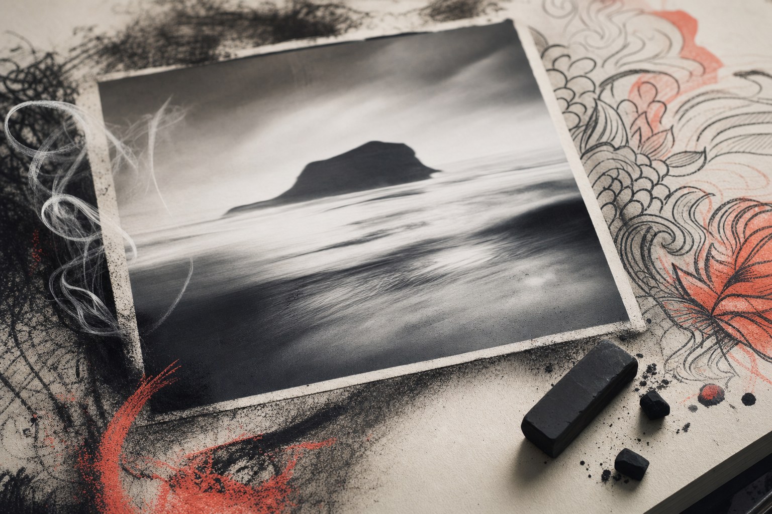 A black-and-white photograph surrounded by charcoal, ink, and tattoo-inspired marks.