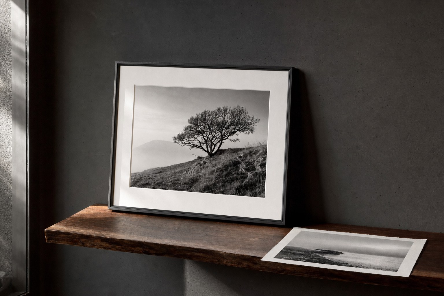 A framed black-and-white landscape photograph resting on a walnut shelf against a dark wall.