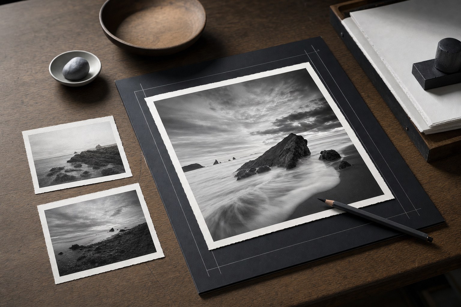 A monochrome coastal print, test prints, and a pencil arranged on a photographer's worktable.