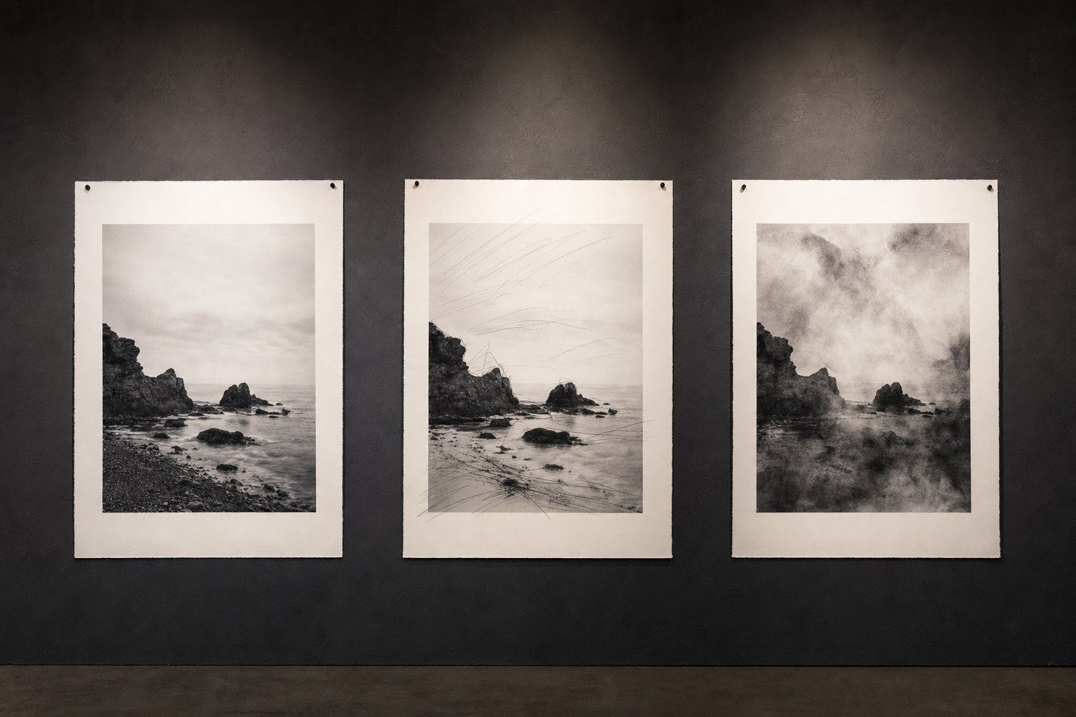 Three versions of the same coastal photograph, shown as original, line-marked, and atmospheric prints.