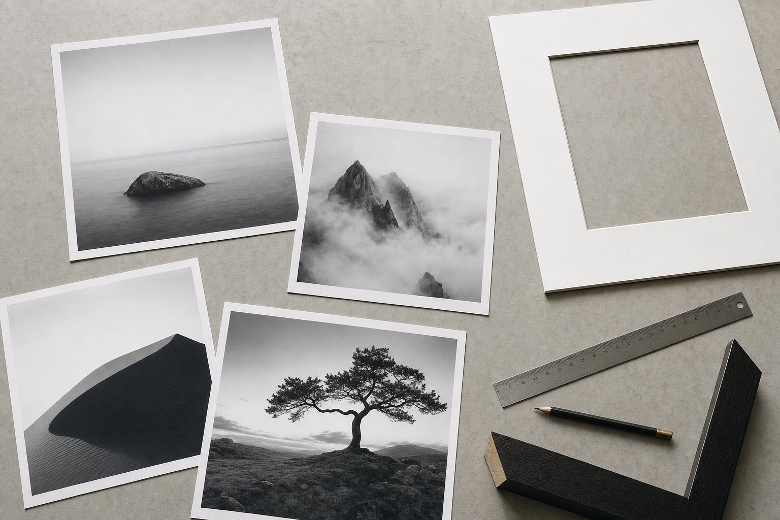 Monochrome photographic print proofs, a mat, ruler, pencil, and dark frame samples on a worktable.